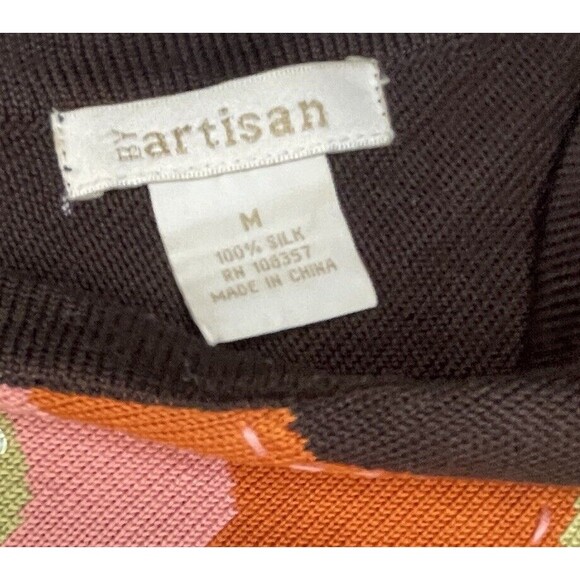 By Artisan 100% Silk Pullover Flower Sweater Boho 70’s Brown Women’s Medium - Picture 3 of 6